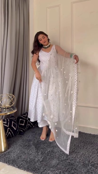Elegant White & Pink Anarkali Suit with Net Dupatta and Sharara