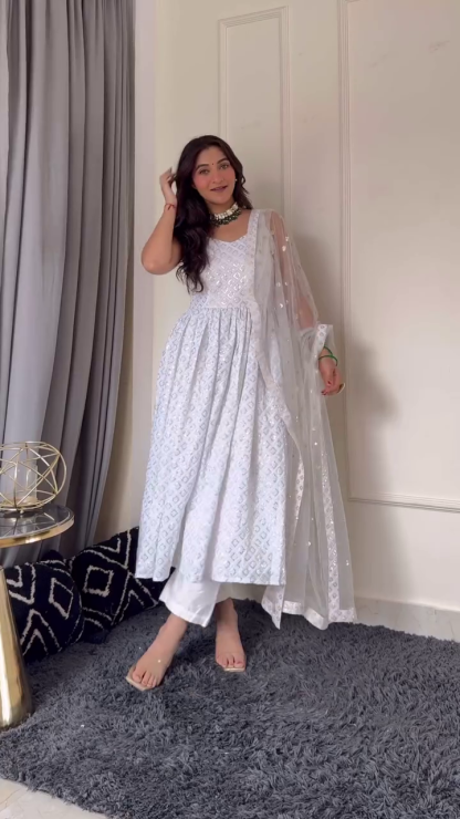 Elegant White & Pink Anarkali Suit with Net Dupatta and Sharara
