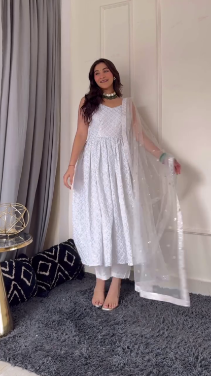 Elegant White & Pink Anarkali Suit with Net Dupatta and Sharara