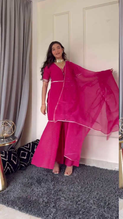 Elegant White & Pink Anarkali Suit with Net Dupatta and Sharara