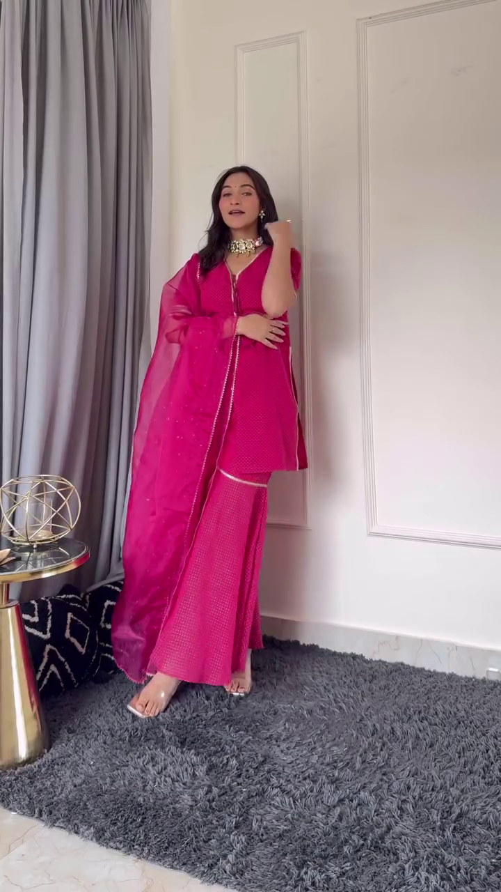Elegant White & Pink Anarkali Suit with Net Dupatta and Sharara