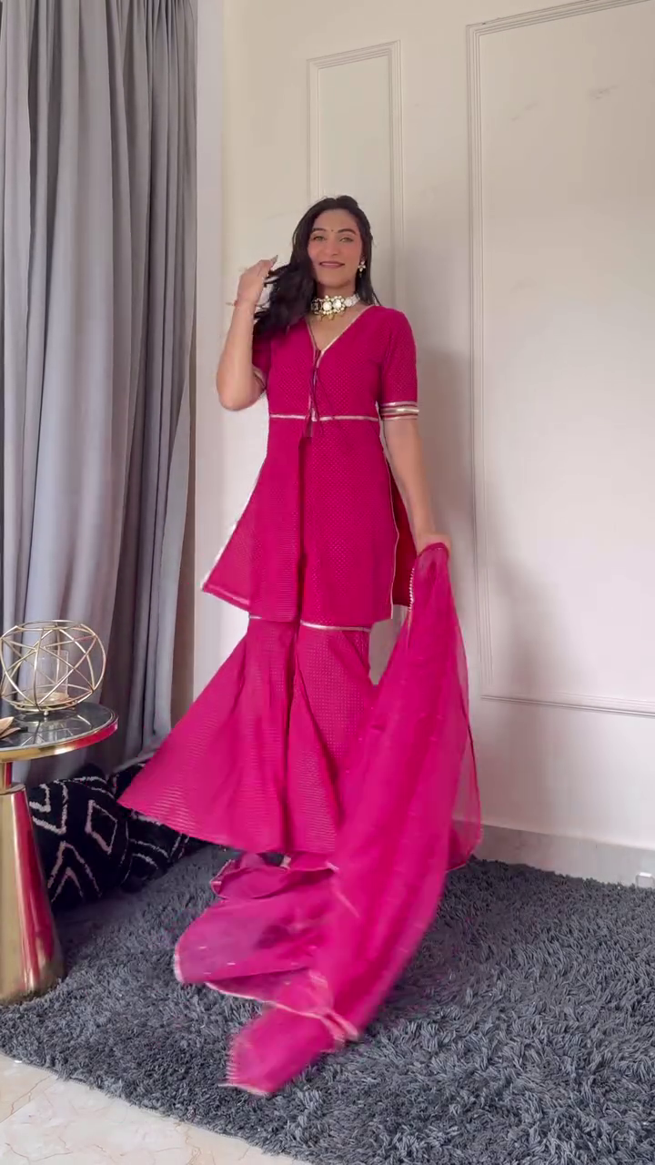 Elegant White & Pink Anarkali Suit with Net Dupatta and Sharara