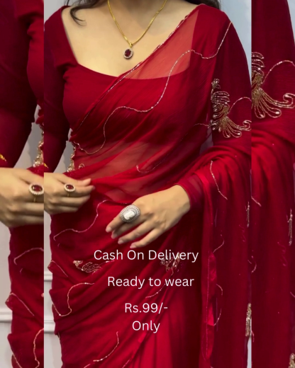 Women's Pure Georgett Ready To Wear Saree With Fancy Blouse