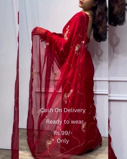 Women's Pure Georgett Ready To Wear Saree With Fancy Blouse