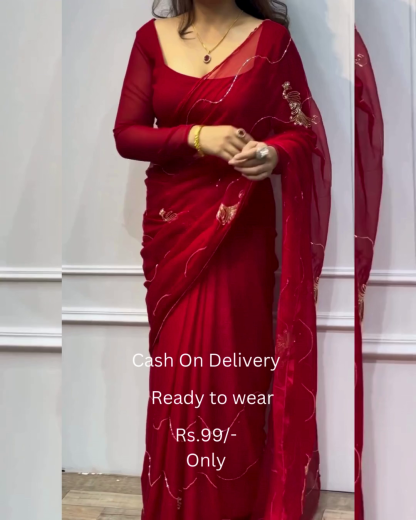 Women's Pure Georgett Ready To Wear Saree With Fancy Blouse
