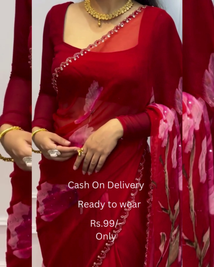 Women's Pure Georgett Ready To Wear Saree With Fancy Blouse
