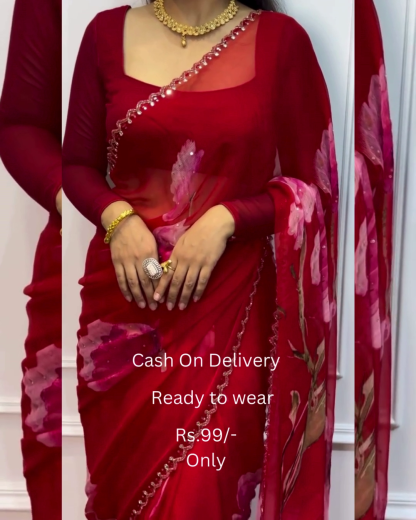 Women's Pure Georgett Ready To Wear Saree With Fancy Blouse