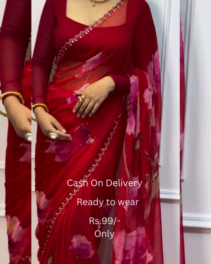 Women's Pure Georgett Ready To Wear Saree With Fancy Blouse
