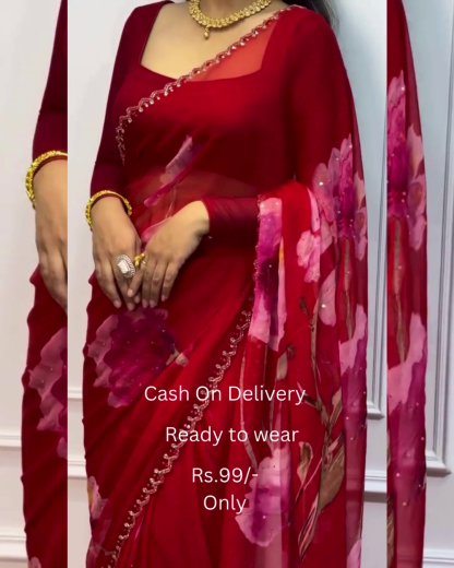Women's Pure Georgett Ready To Wear Saree With Fancy Blouse