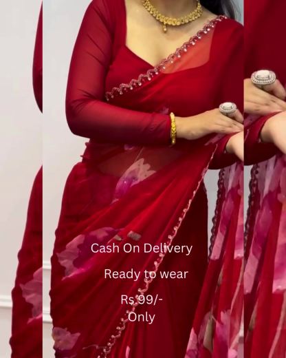 Women's Pure Georgett Ready To Wear Saree With Fancy Blouse