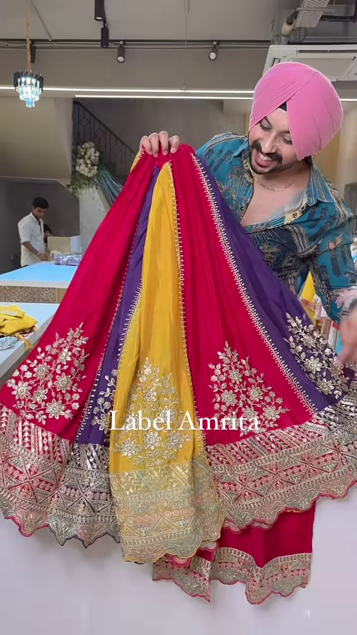 Yellow Chinon Full Flair Skirt set with Heavy embroidery Work on multicolor Skirt