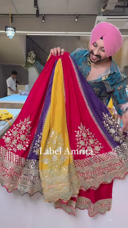 Yellow Chinon Full Flair Skirt set with Heavy embroidery Work on multicolor Skirt