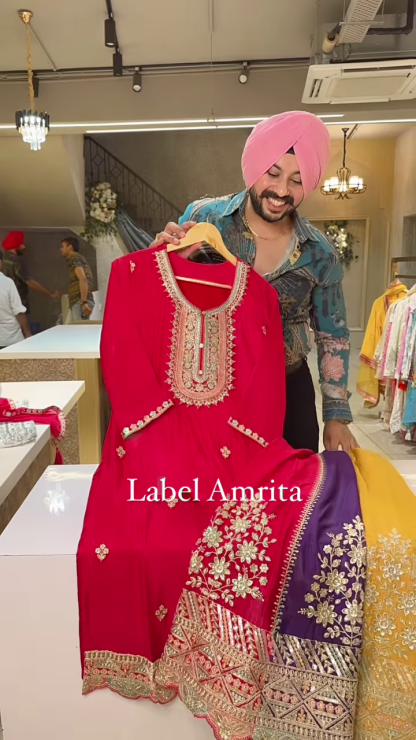 Yellow Chinon Full Flair Skirt set with Heavy embroidery Work on multicolor Skirt