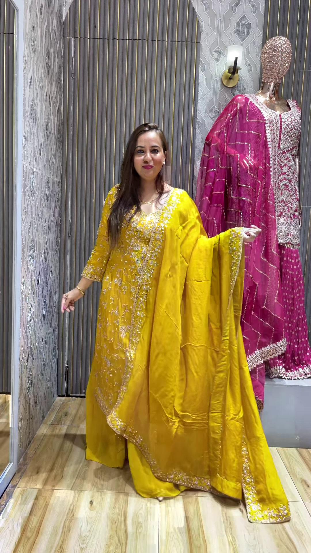 Yellow Chinon Full Flair Skirt set with Heavy embroidery Work on multicolor Skirt