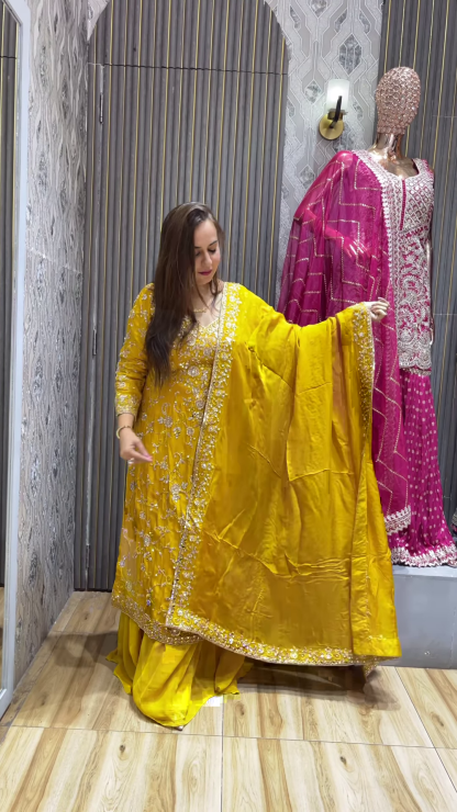 Yellow Chinon Full Flair Skirt set with Heavy embroidery Work on multicolor Skirt