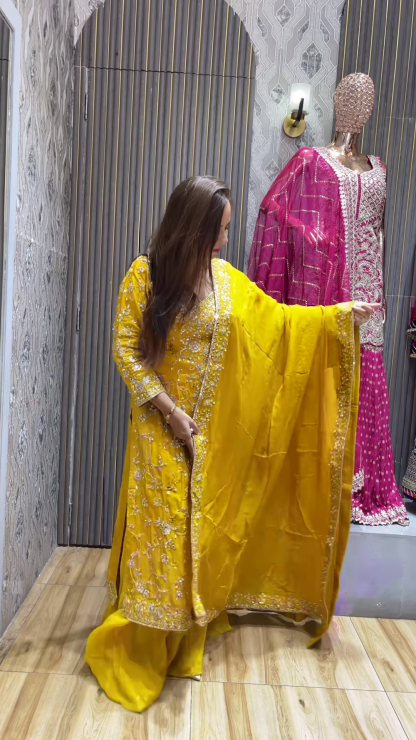 Yellow Chinon Full Flair Skirt set with Heavy embroidery Work on multicolor Skirt