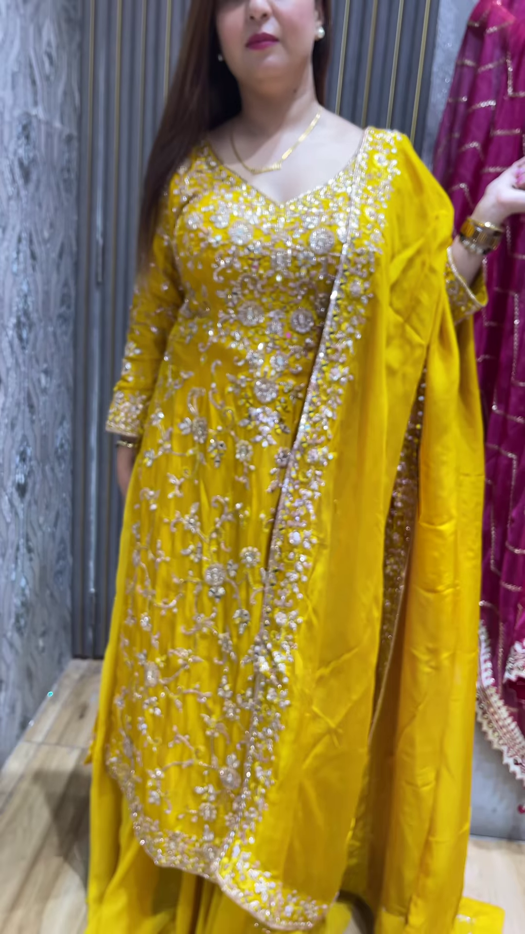 Yellow Chinon Full Flair Skirt set with Heavy embroidery Work on multicolor Skirt