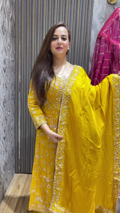 Yellow Chinon Full Flair Skirt set with Heavy embroidery Work on multicolor Skirt