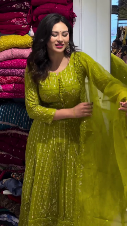 Cotton Anarkali Kurti with Heavy Kalidaar Embroidery, Embroidered Cotton Pant, Dupatta Set