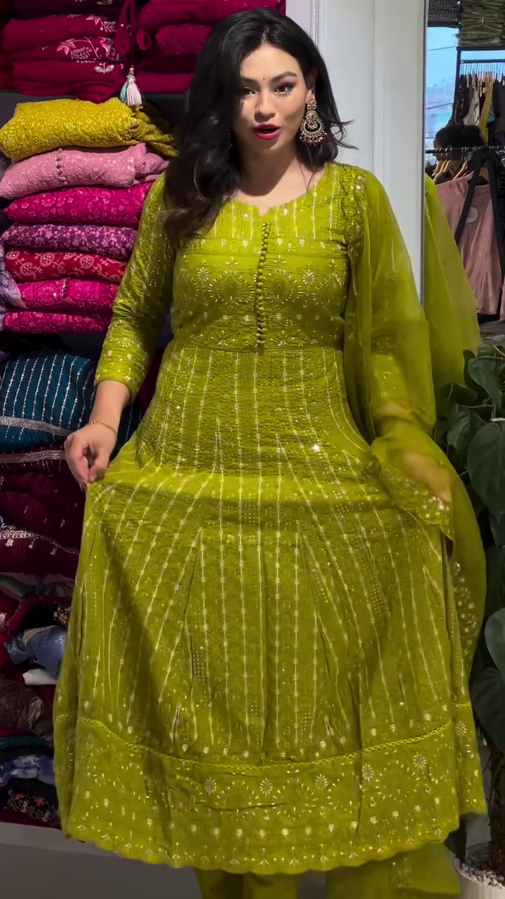 Cotton Anarkali Kurti with Heavy Kalidaar Embroidery, Embroidered Cotton Pant, Dupatta Set
