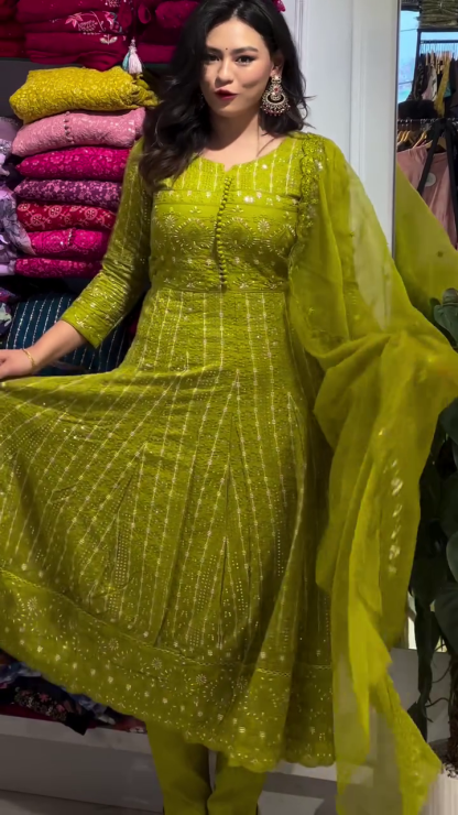 Cotton Anarkali Kurti with Heavy Kalidaar Embroidery, Embroidered Cotton Pant, Dupatta Set