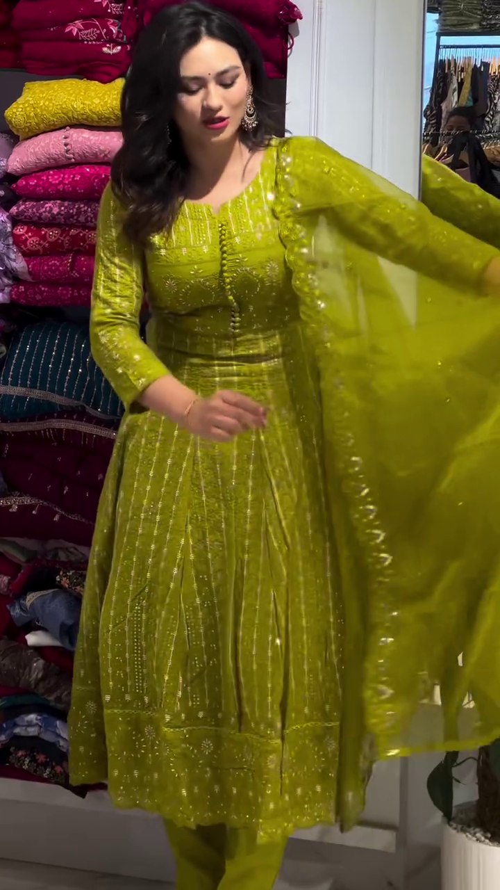 Cotton Anarkali Kurti with Heavy Kalidaar Embroidery, Embroidered Cotton Pant, Dupatta Set