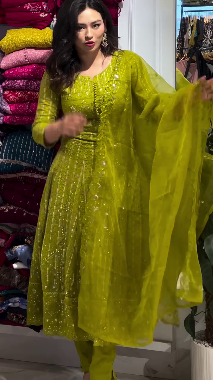 Cotton Anarkali Kurti with Heavy Kalidaar Embroidery, Embroidered Cotton Pant, Dupatta Set