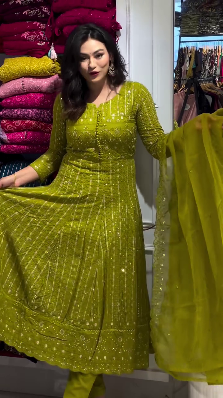 Cotton Anarkali Kurti with Heavy Kalidaar Embroidery, Embroidered Cotton Pant, Dupatta Set