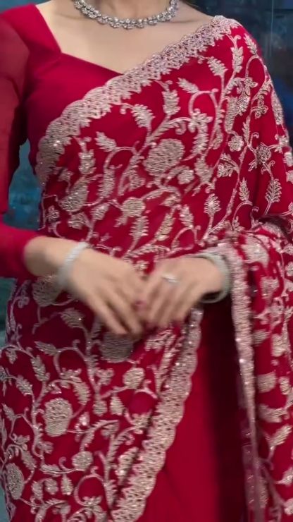 Red Georgette Saree with Parsi Gara Work