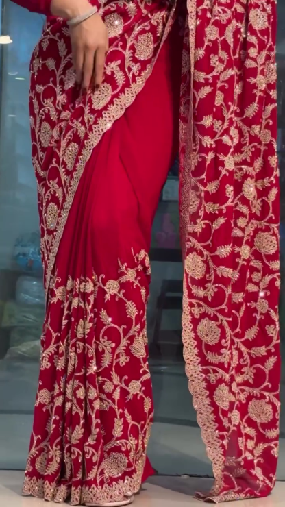 Red Georgette Saree with Parsi Gara Work