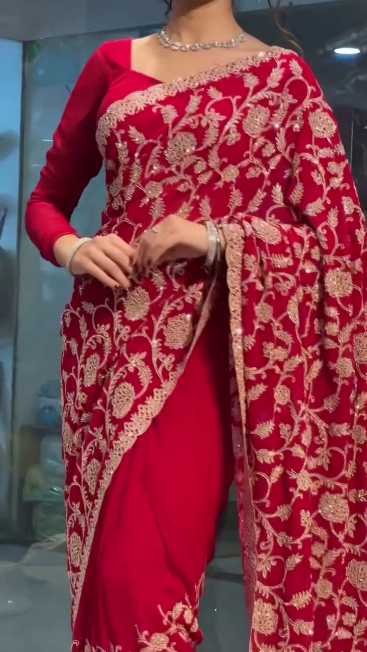 Red Georgette Saree with Parsi Gara Work