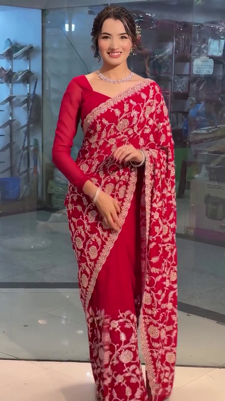 Red Georgette Saree with Parsi Gara Work