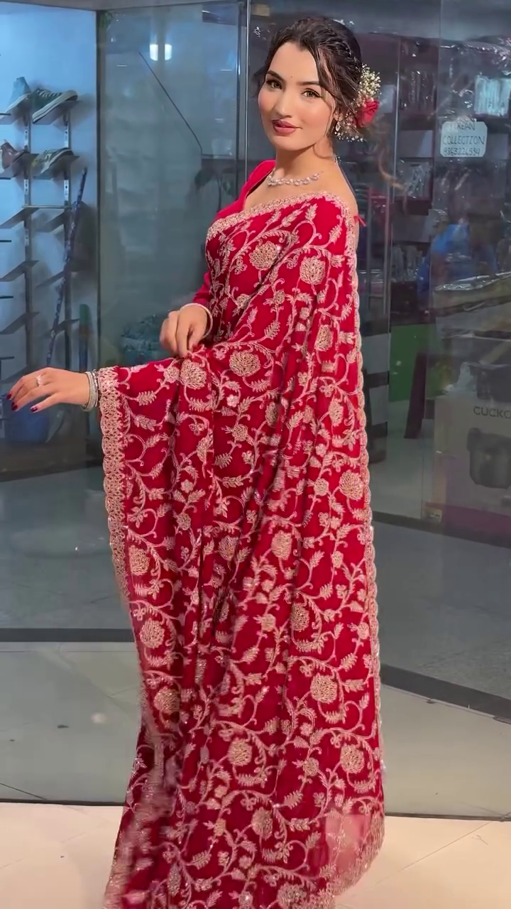 Red Georgette Saree with Parsi Gara Work