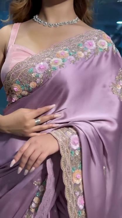 onion colour satin saree with heavy handwork