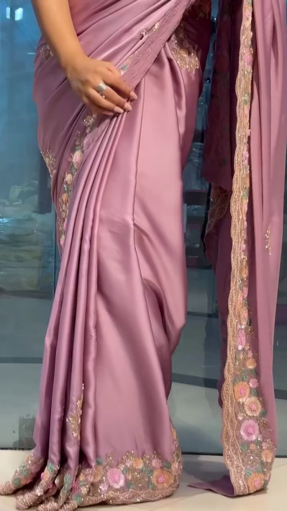 onion colour satin saree with heavy handwork