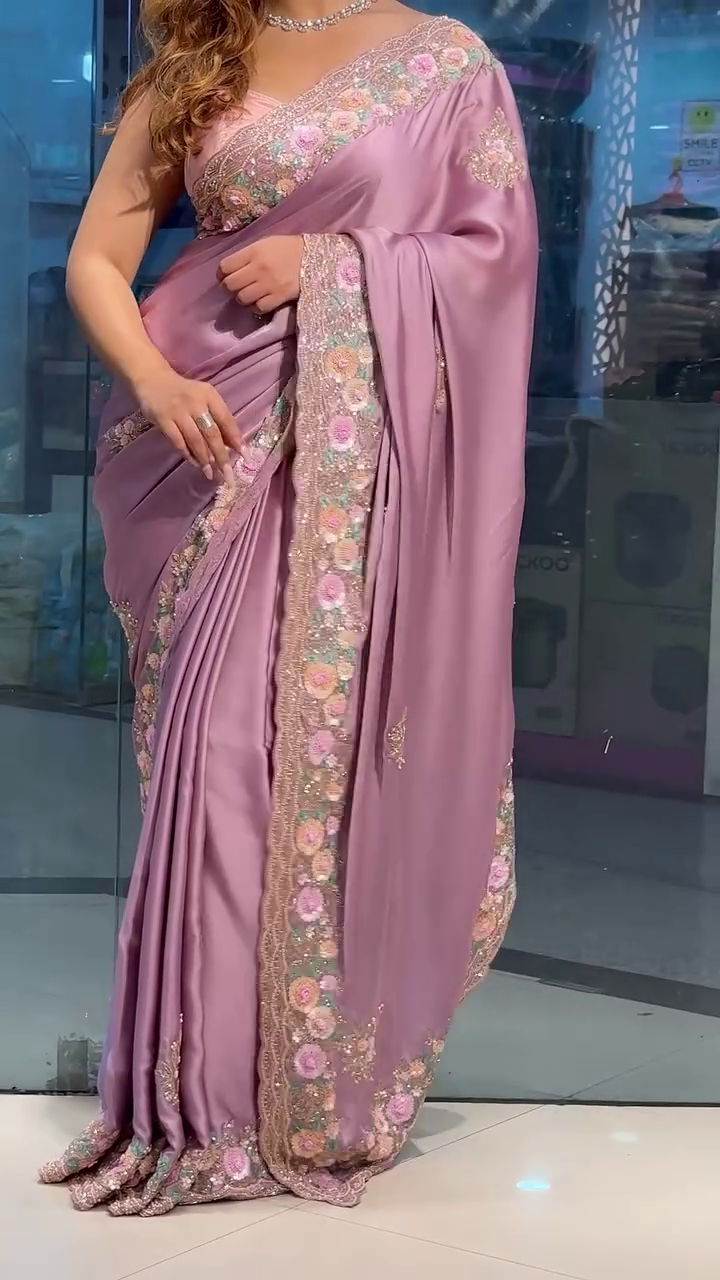 onion colour satin saree with heavy handwork