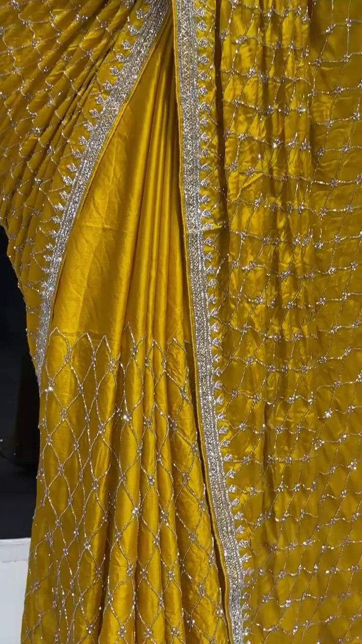 Marigold Yellow Chiffon Printed & Cutdana Work Draped Saree Set