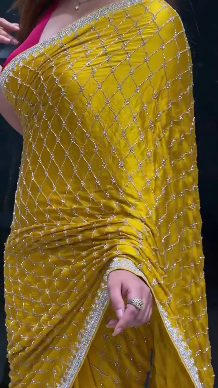 Marigold Yellow Chiffon Printed & Cutdana Work Draped Saree Set