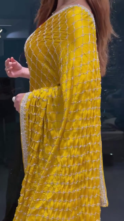 Marigold Yellow Chiffon Printed & Cutdana Work Draped Saree Set