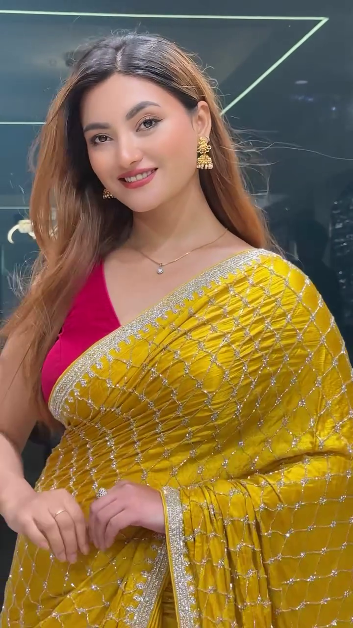 Marigold Yellow Chiffon Printed & Cutdana Work Draped Saree Set