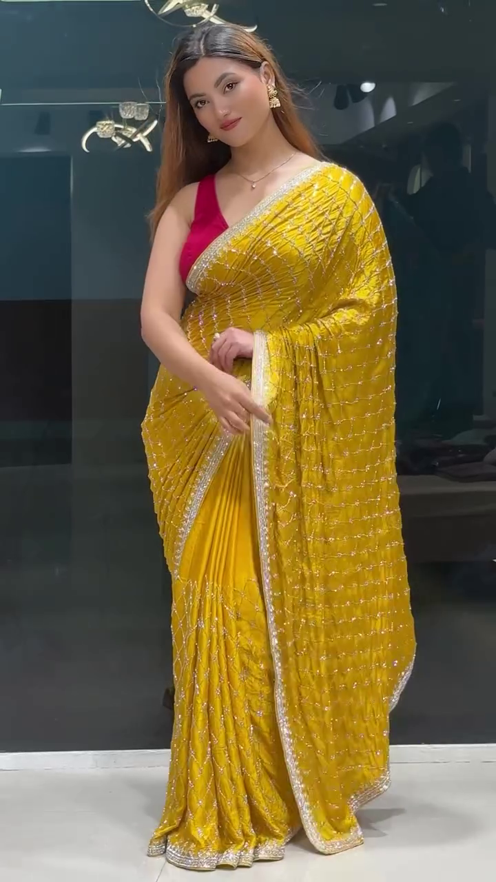 Marigold Yellow Chiffon Printed & Cutdana Work Draped Saree Set