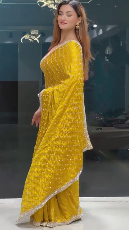 Marigold Yellow Chiffon Printed & Cutdana Work Draped Saree Set