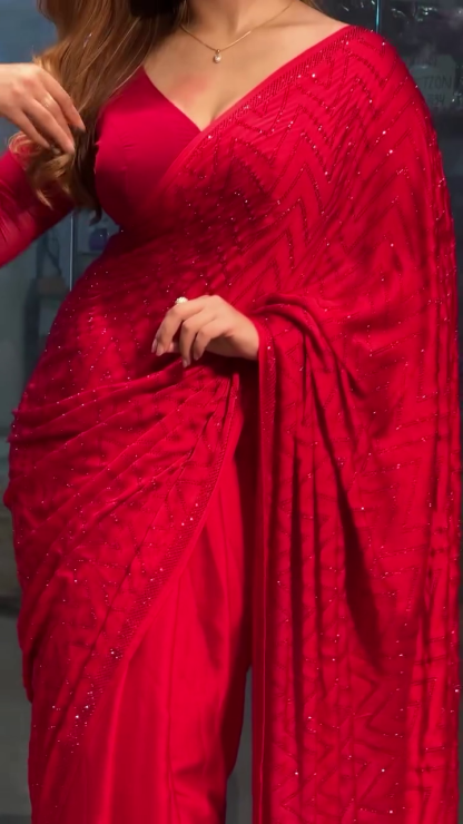 Red Soft Georgette Saree with Heavy Embroidery Work – A Stunning Celebration of Elegance