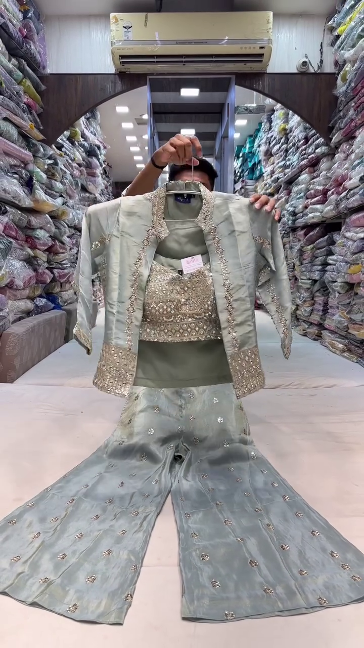 Pista Green Net Embroidered Palazzo and Beautiful Jacket Combo – A Fusion of Grace and Glamour