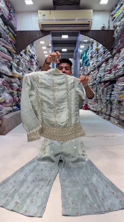 Pista Green Net Embroidered Palazzo and Beautiful Jacket Combo – A Fusion of Grace and Glamour