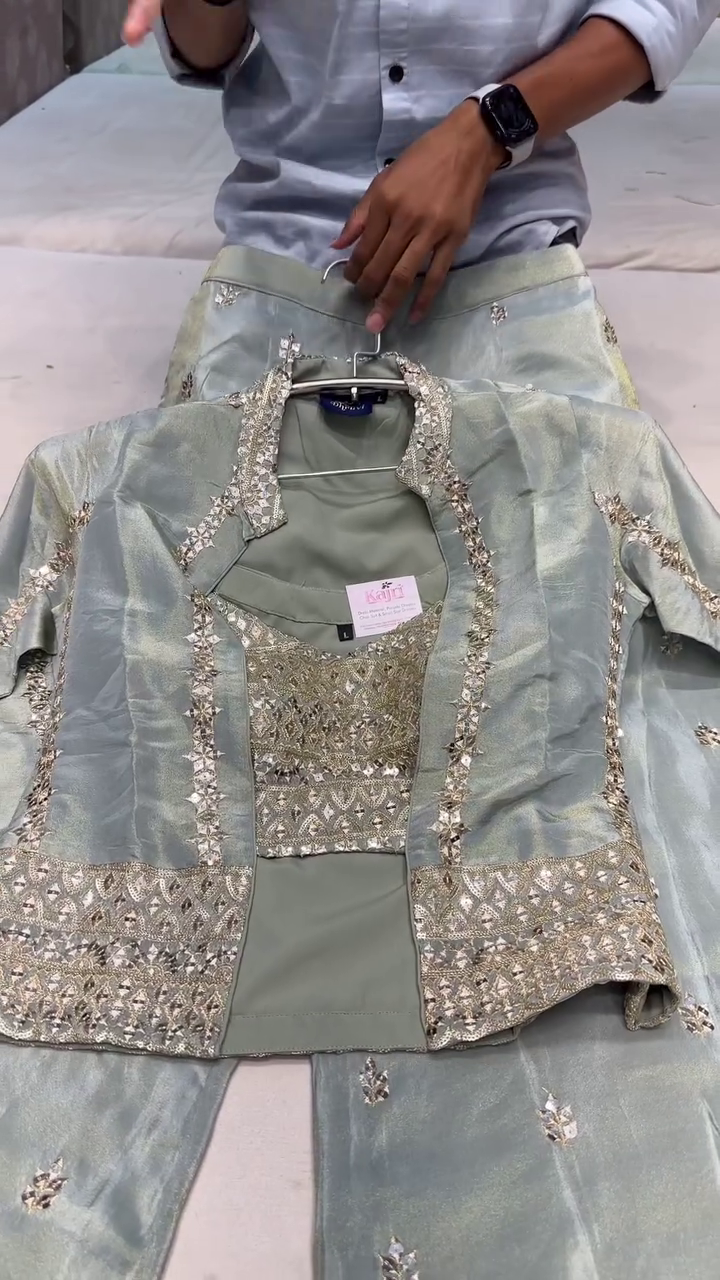 Pista Green Net Embroidered Palazzo and Beautiful Jacket Combo – A Fusion of Grace and Glamour