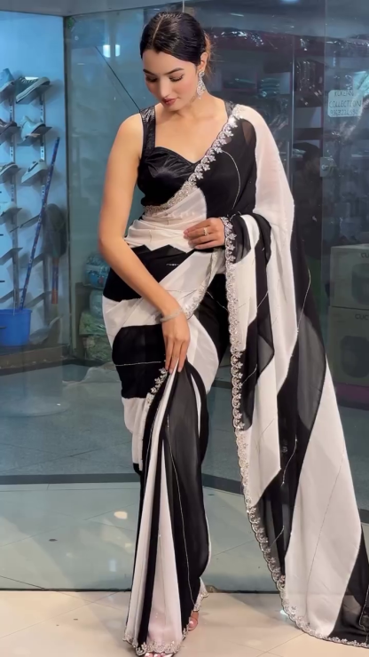 Elegant black and white printed saree – timeless style and effortless charm