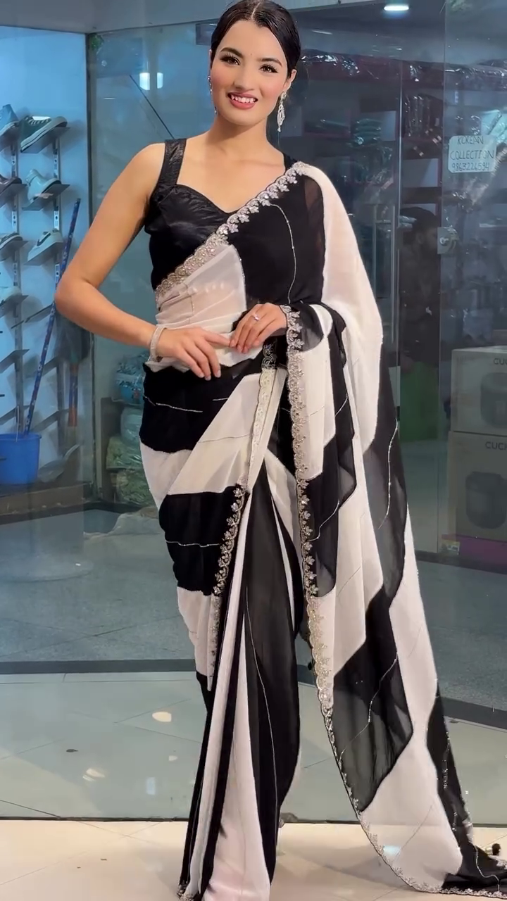 Elegant black and white printed saree – timeless style and effortless charm