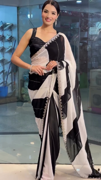 Elegant black and white printed saree – timeless style and effortless charm