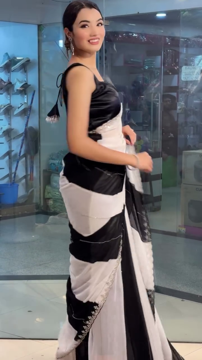 Elegant black and white printed saree – timeless style and effortless charm